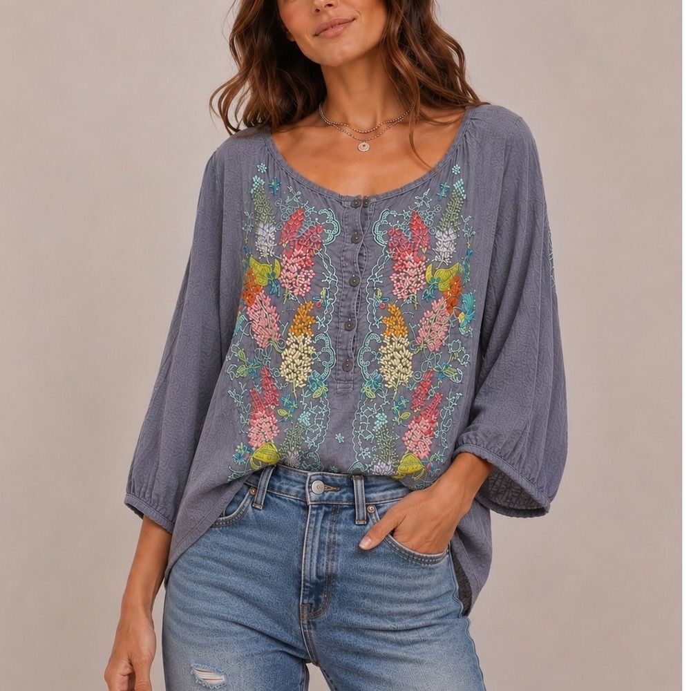 Johnny Was Embroidered Tunic Dress Women's Large Gray Boho Floral Relaxed